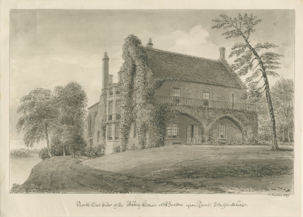 Abbaye de Burton-upon-Trent : dessin sépia - John Buckler