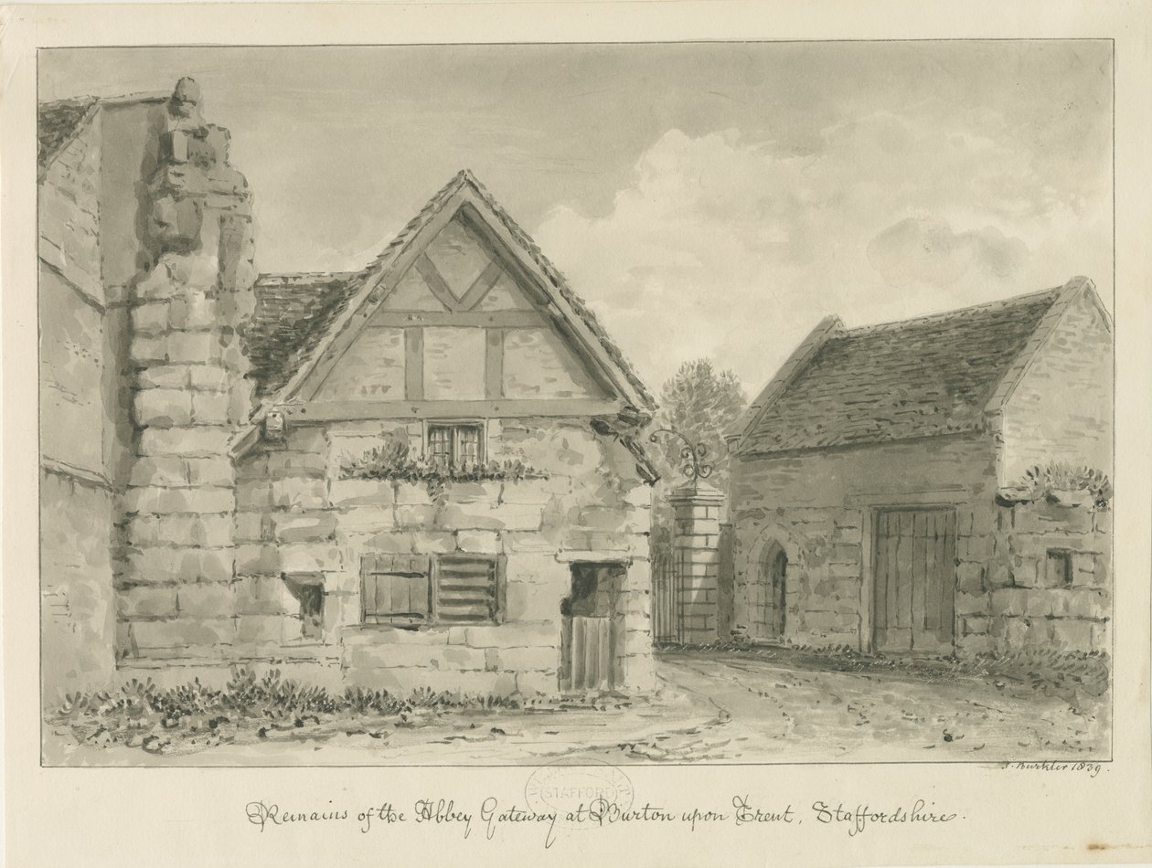 Abbaye de Burton-upon-Trent : dessin sépia - John Buckler