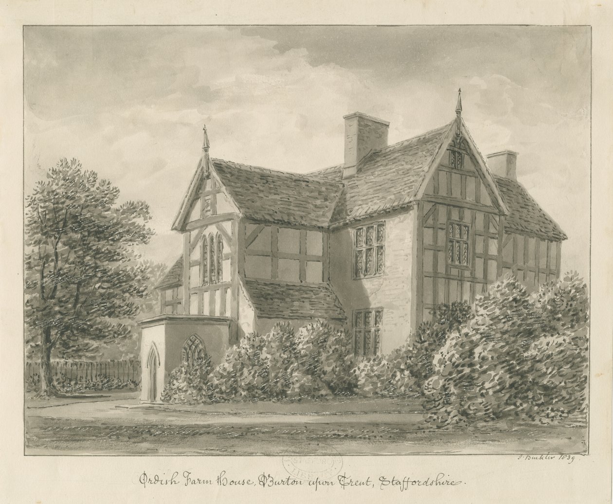 Burton-upon-Trent - Ordish Farm House (dessin sépia, 1839) - John Buckler