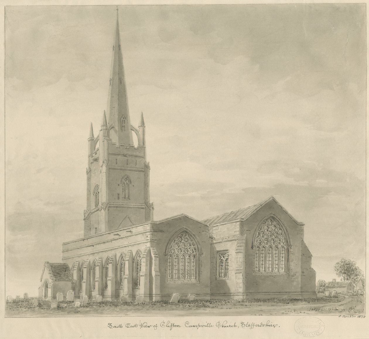 Église de Clifton Campville : dessin sépia - John Buckler