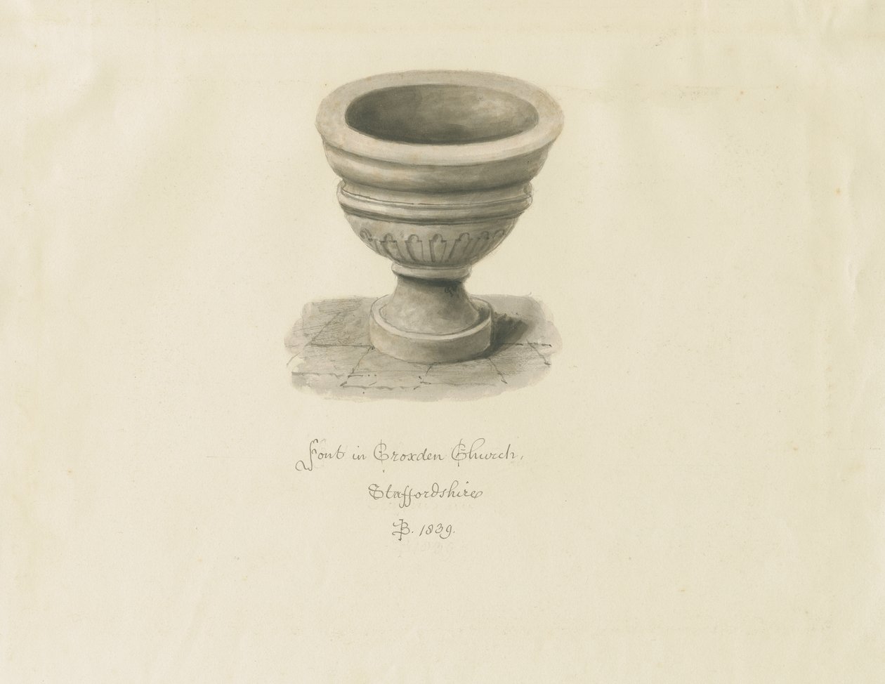 Croxden - Fontaine dans la chapelle des invités : dessin sépia - John Buckler