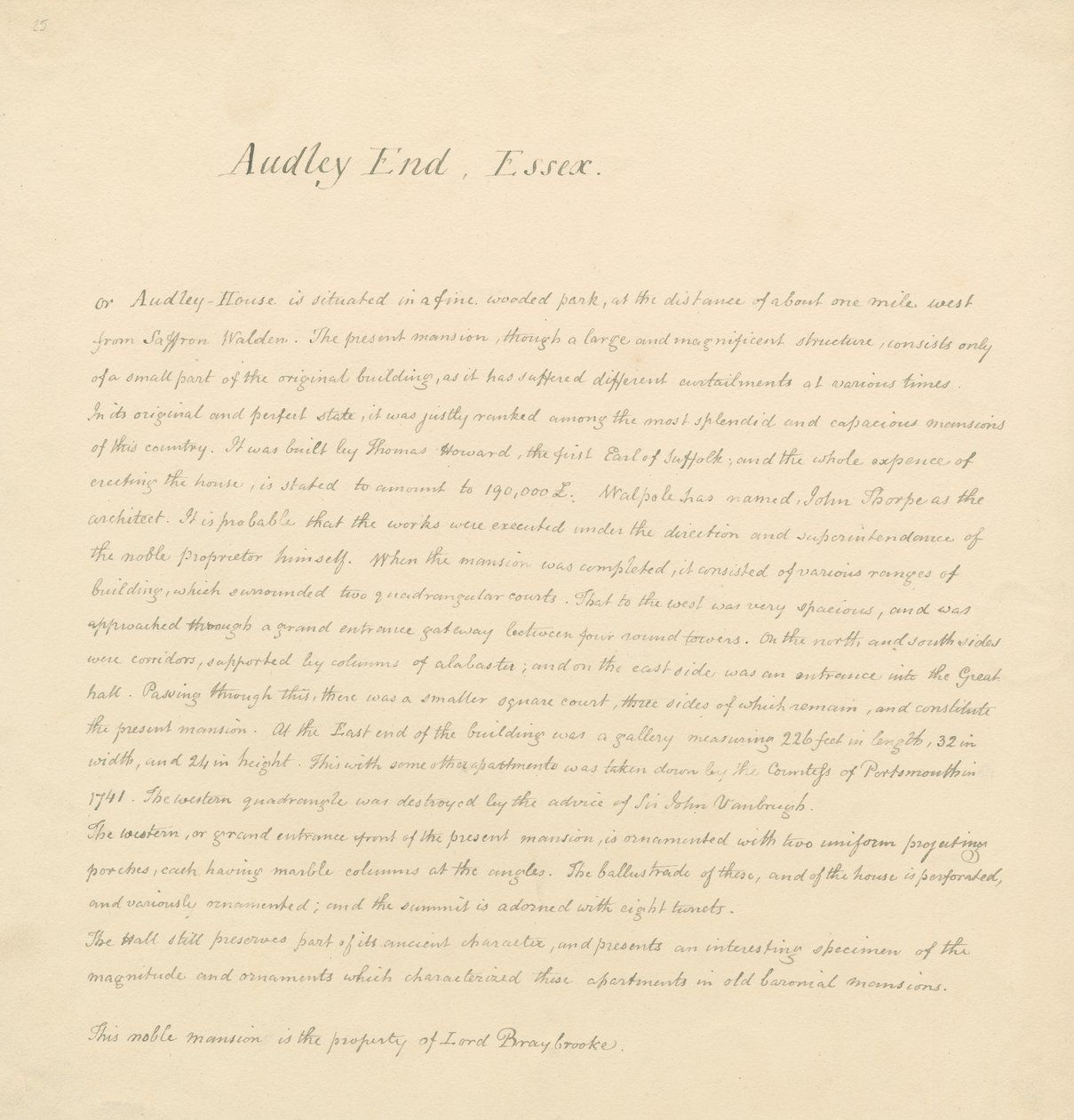 Essex - Audley End - Description historique (manuscrit) - John Buckler