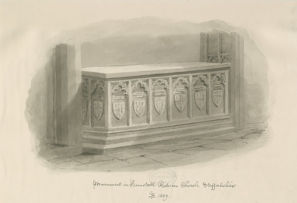 Église de Hamstall Ridware - Monument : dessin au lavis sépia, 1839 - John Buckler