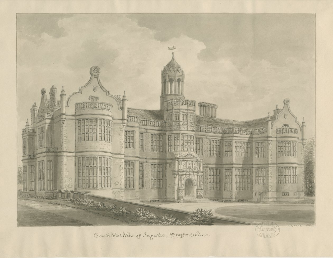 Ingestre Hall : dessin sépia - John Buckler