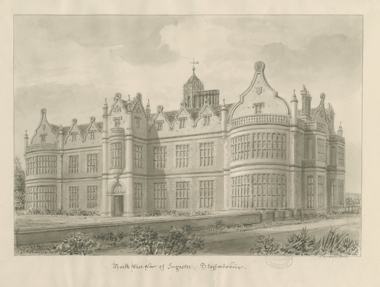 Ingestre Hall : dessin sépia - John Buckler