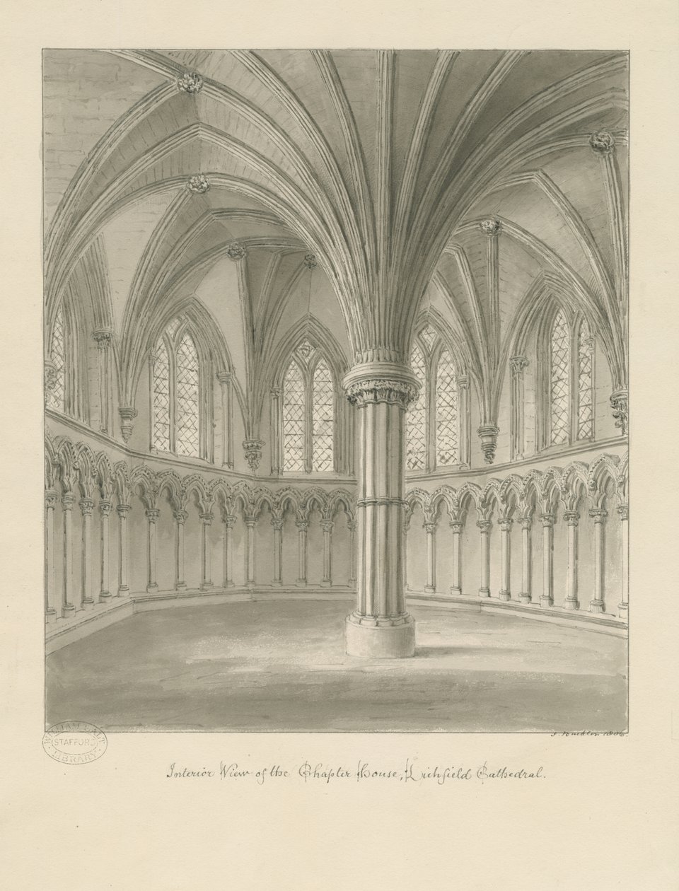 Intérieur de la cathédrale de Lichfield - Salle capitulaire: dessin sépia - John Buckler