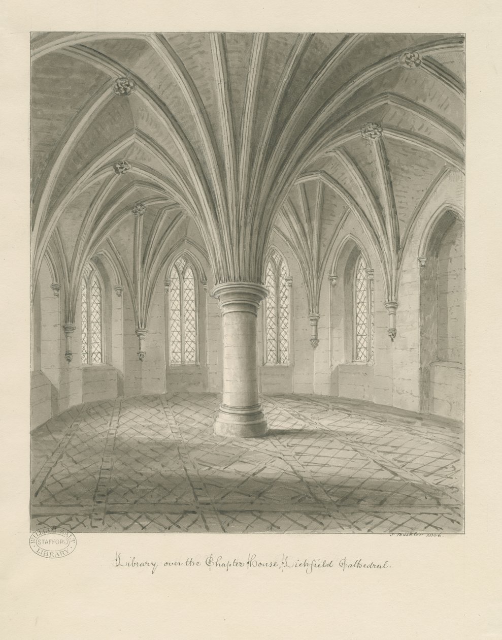 Intérieur de la cathédrale de Lichfield - Bibliothèque au-dessus de la salle capitulaire : dessin sépia - John Buckler