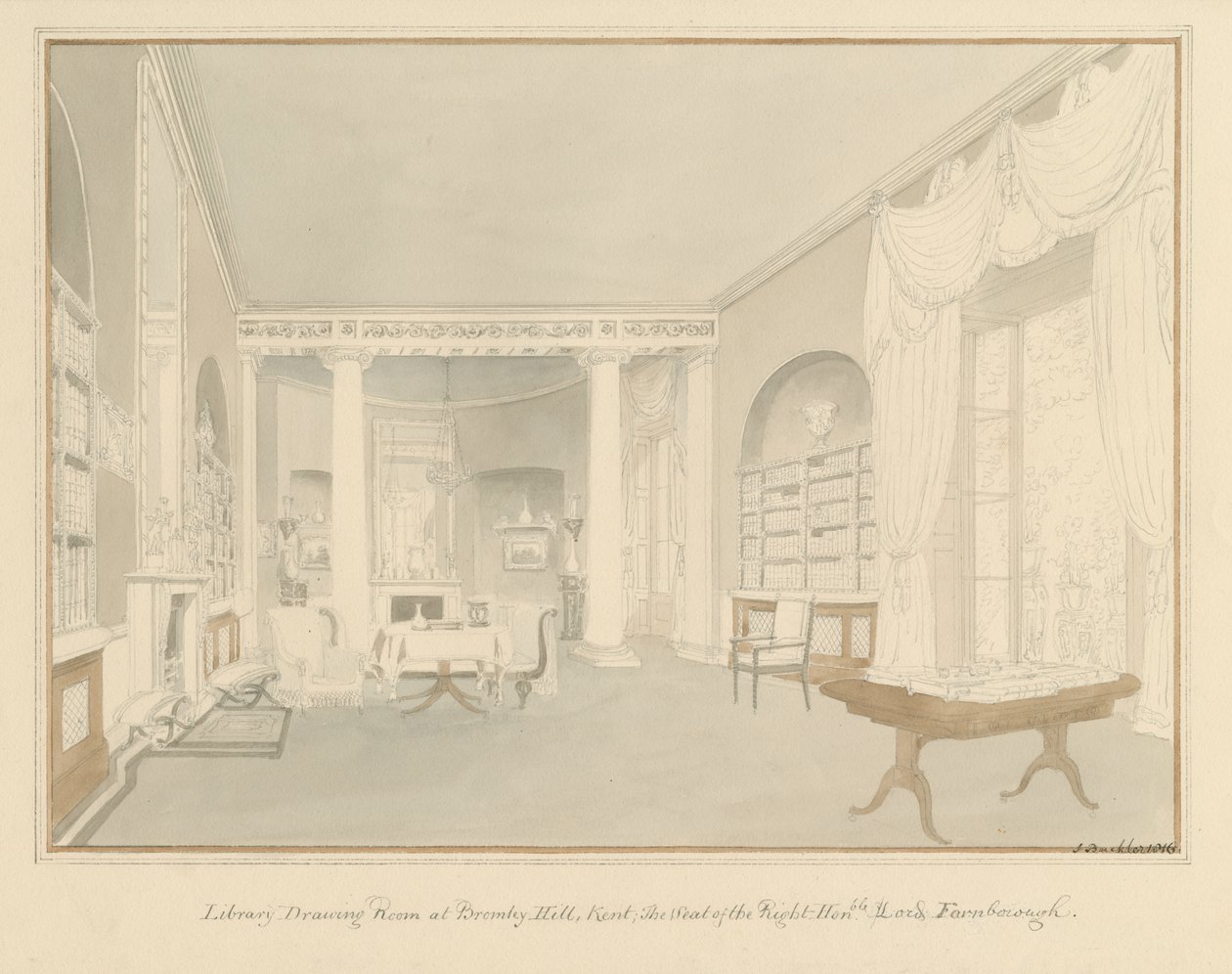 Kent - Bromley Hill - Intérieur de la salle de dessin de la bibliothèque, 1816 - John Buckler