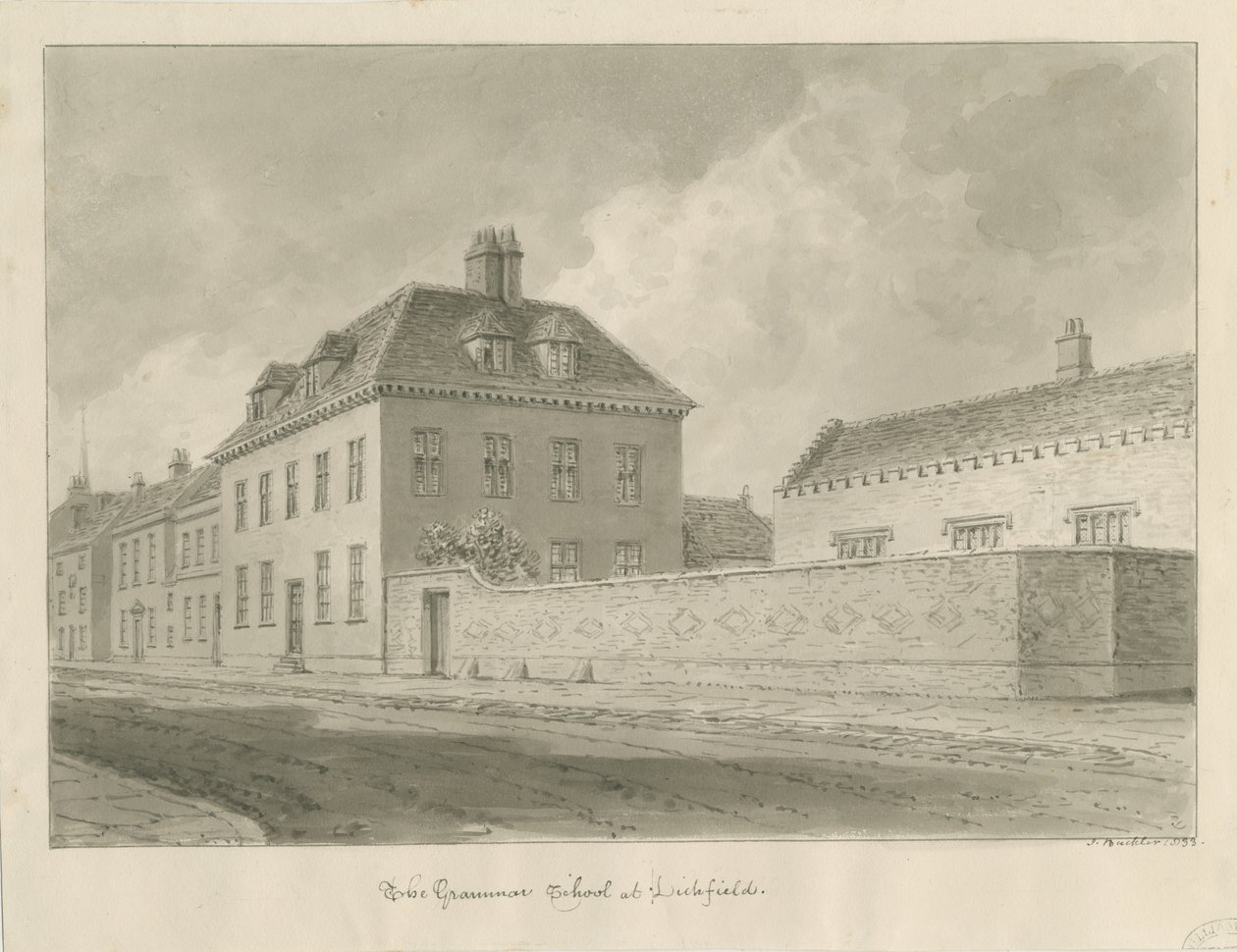 Lichfield - École secondaire : dessin sépia - John Buckler