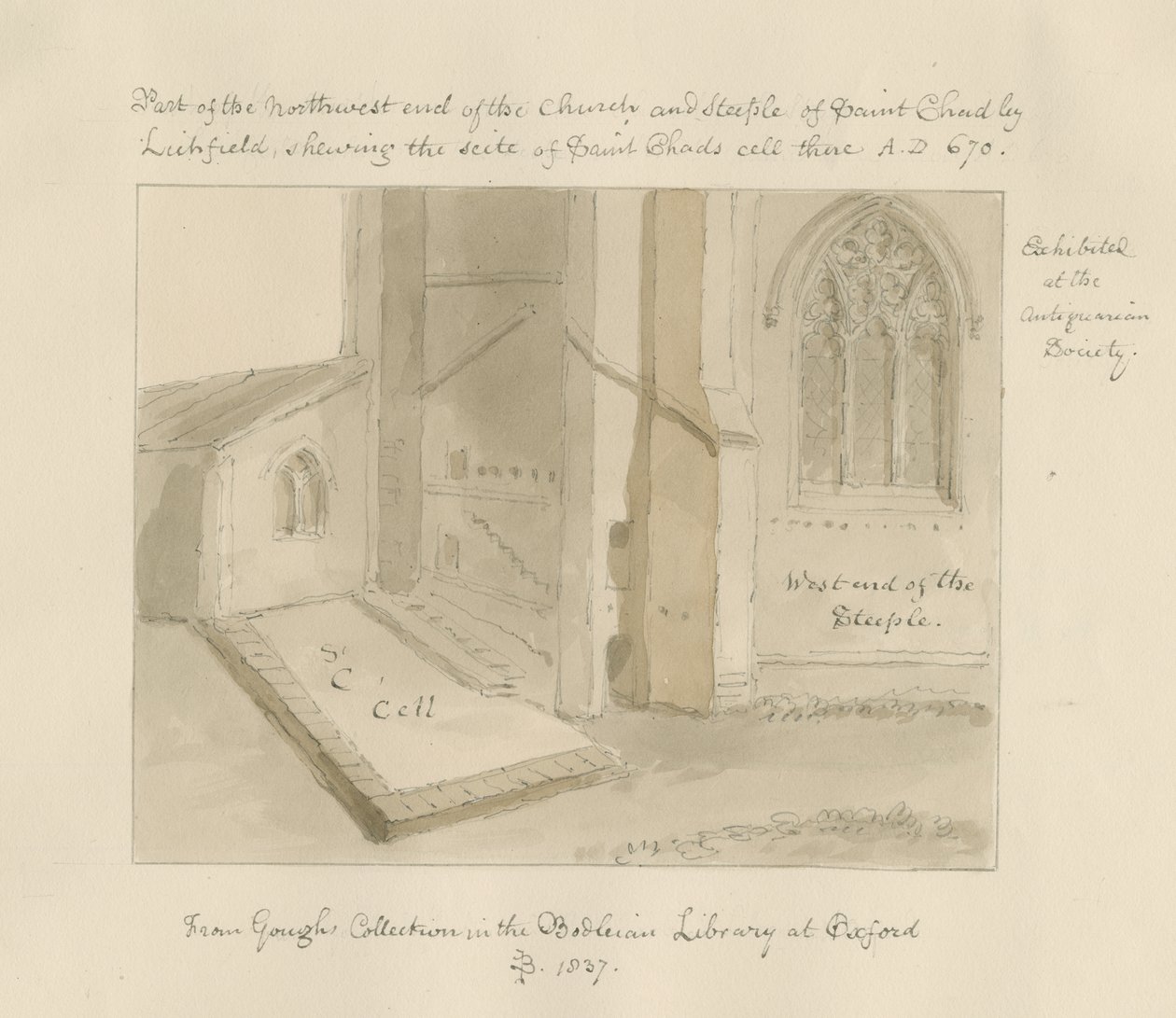 Lichfield - Église Saint-Chad : dessin au lavis sépia - John Buckler