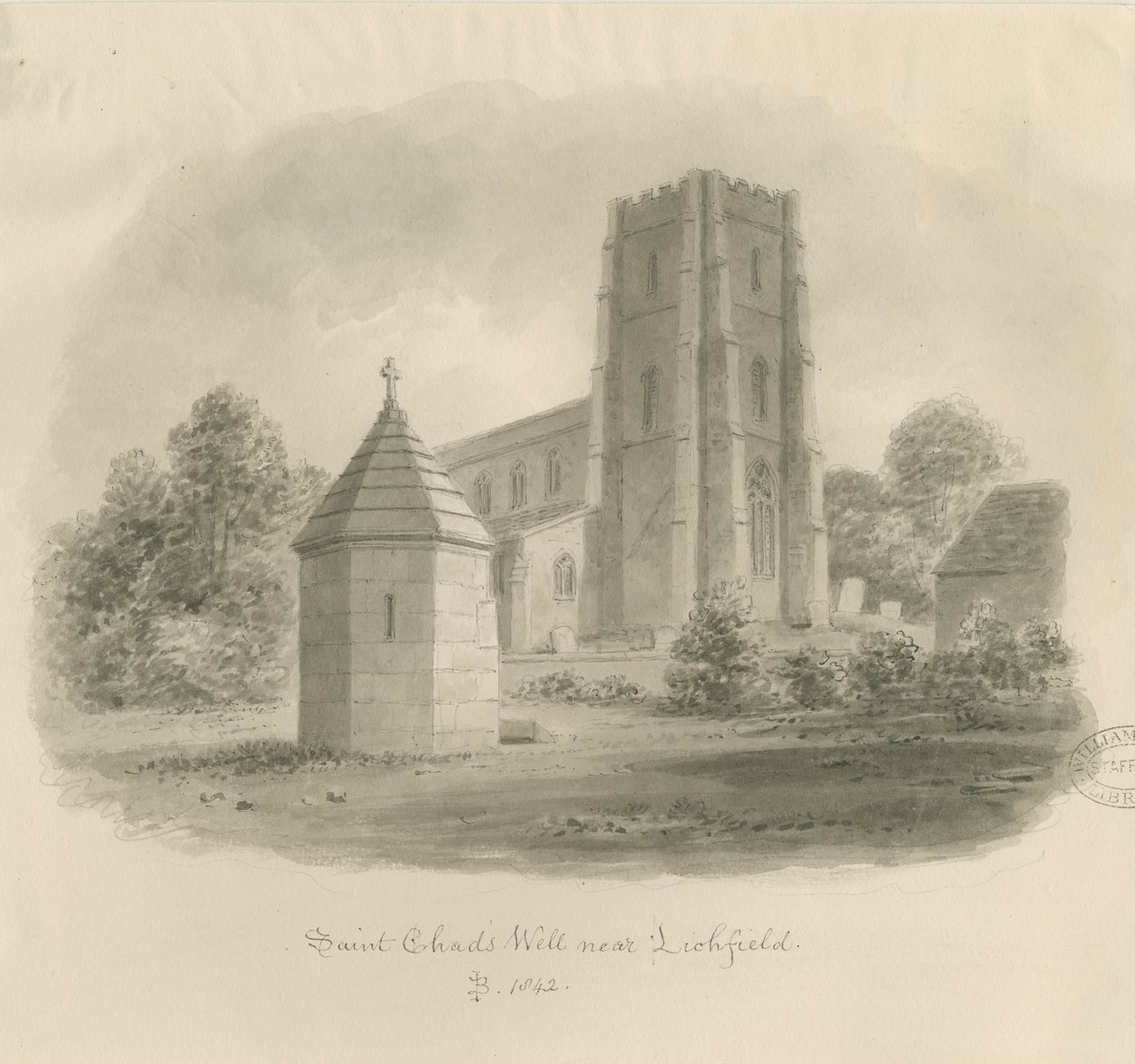 Lichfield - Puits de Saint-Chad : dessin sépia - John Buckler
