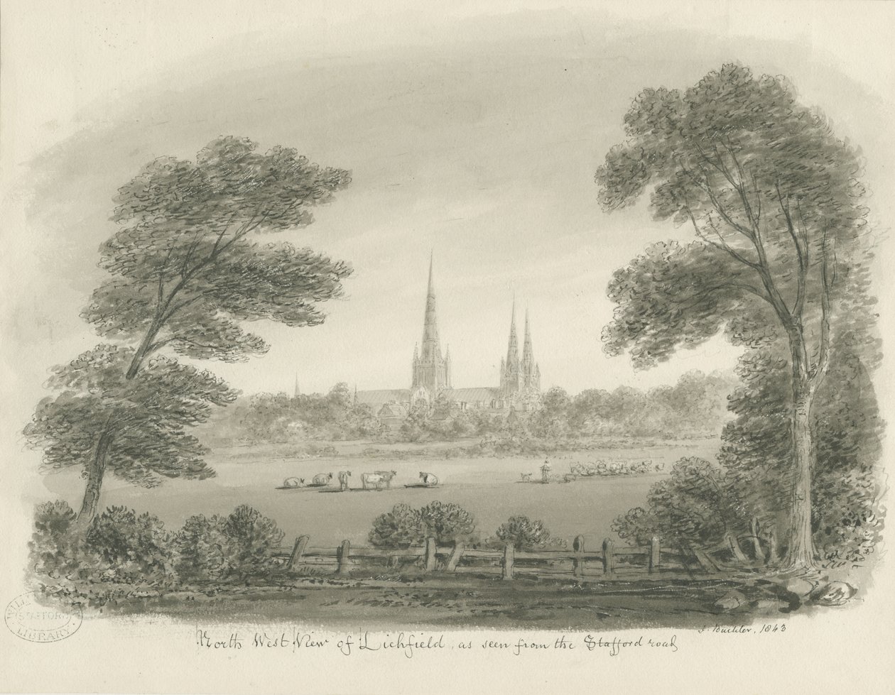 Cathédrale de Lichfield - Vue nord-ouest (lointaine) - John Buckler