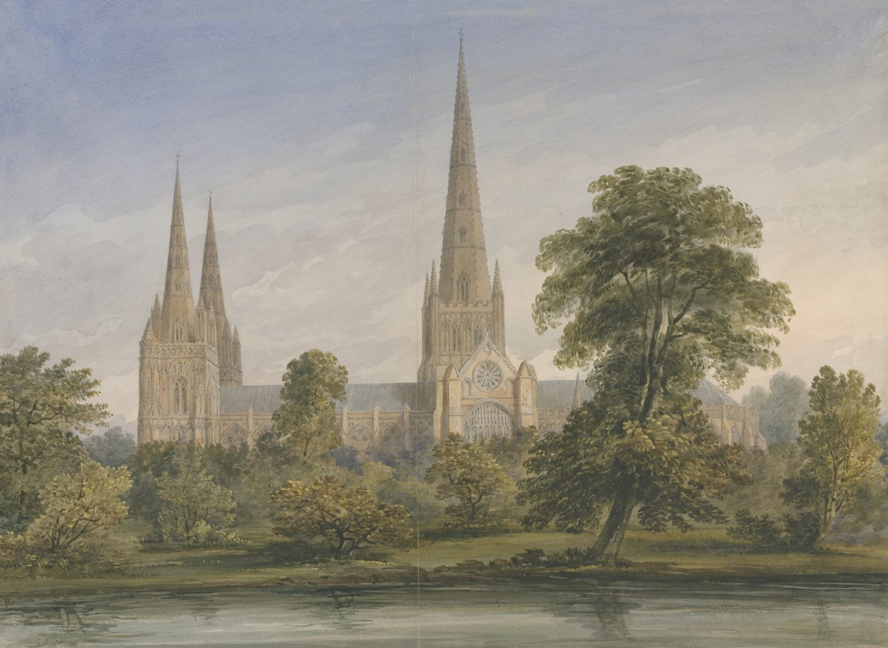 Cathédrale de Lichfield - Vue sud-est : aquarelle, nd [?1842] - John Buckler