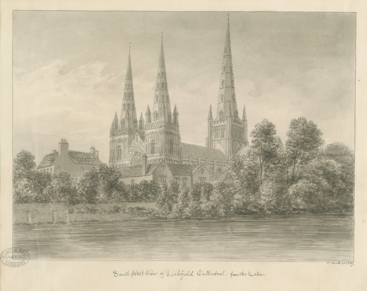 Cathédrale de Lichfield - Vue sud-ouest : dessin sépia - John Buckler