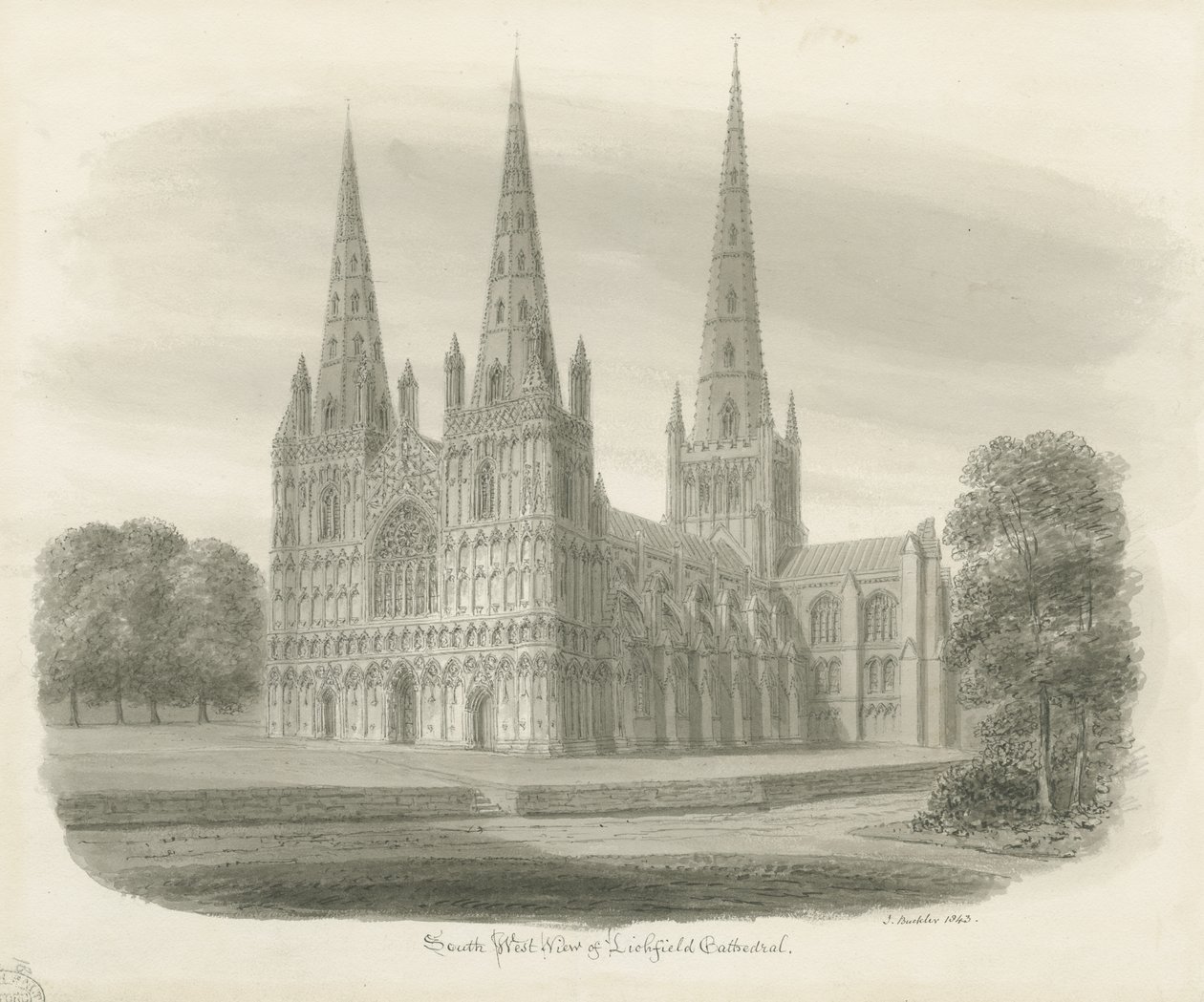 Cathédrale de Lichfield - Vue sud-ouest : dessin sépia - John Buckler