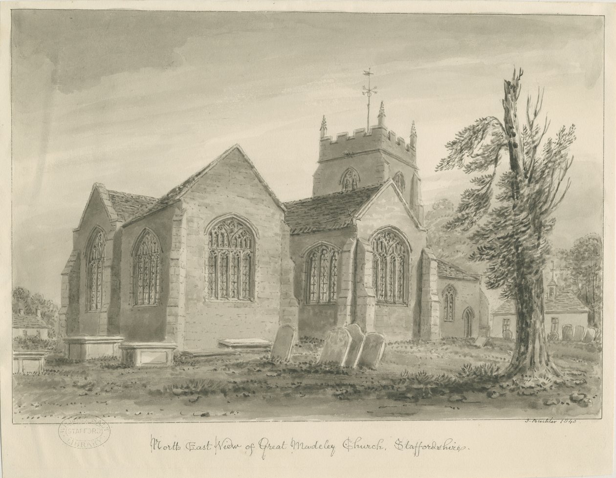 Église de Madeley: dessin lavis sépia - John Buckler
