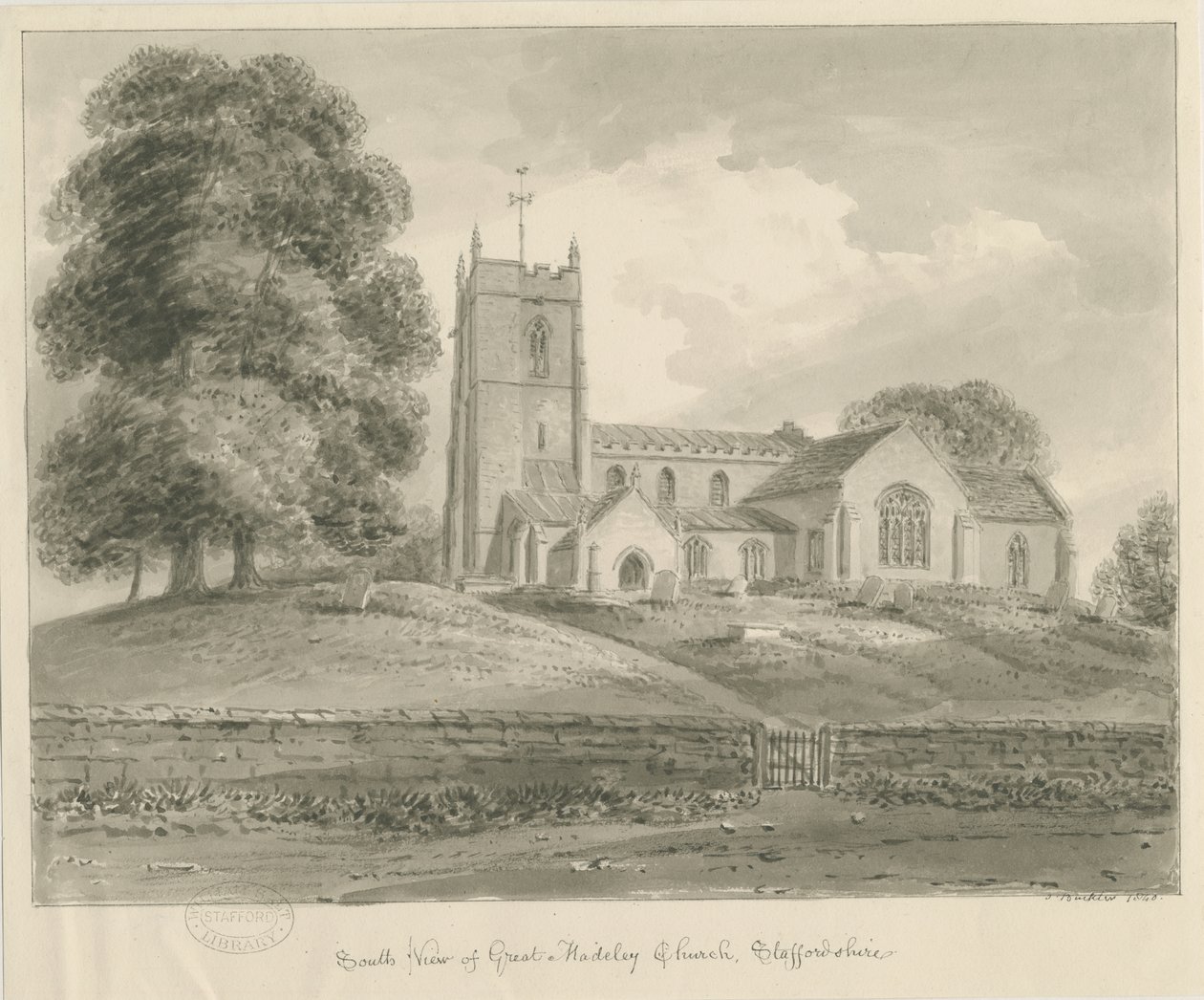 Église de Madeley: dessin au lavis sépia - John Buckler