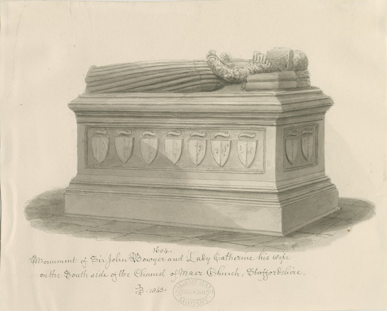 Église de Maer - Monument à Sir John Bowyer et Lady Catherine : dessin au lavis sépia, 1843 - John Buckler