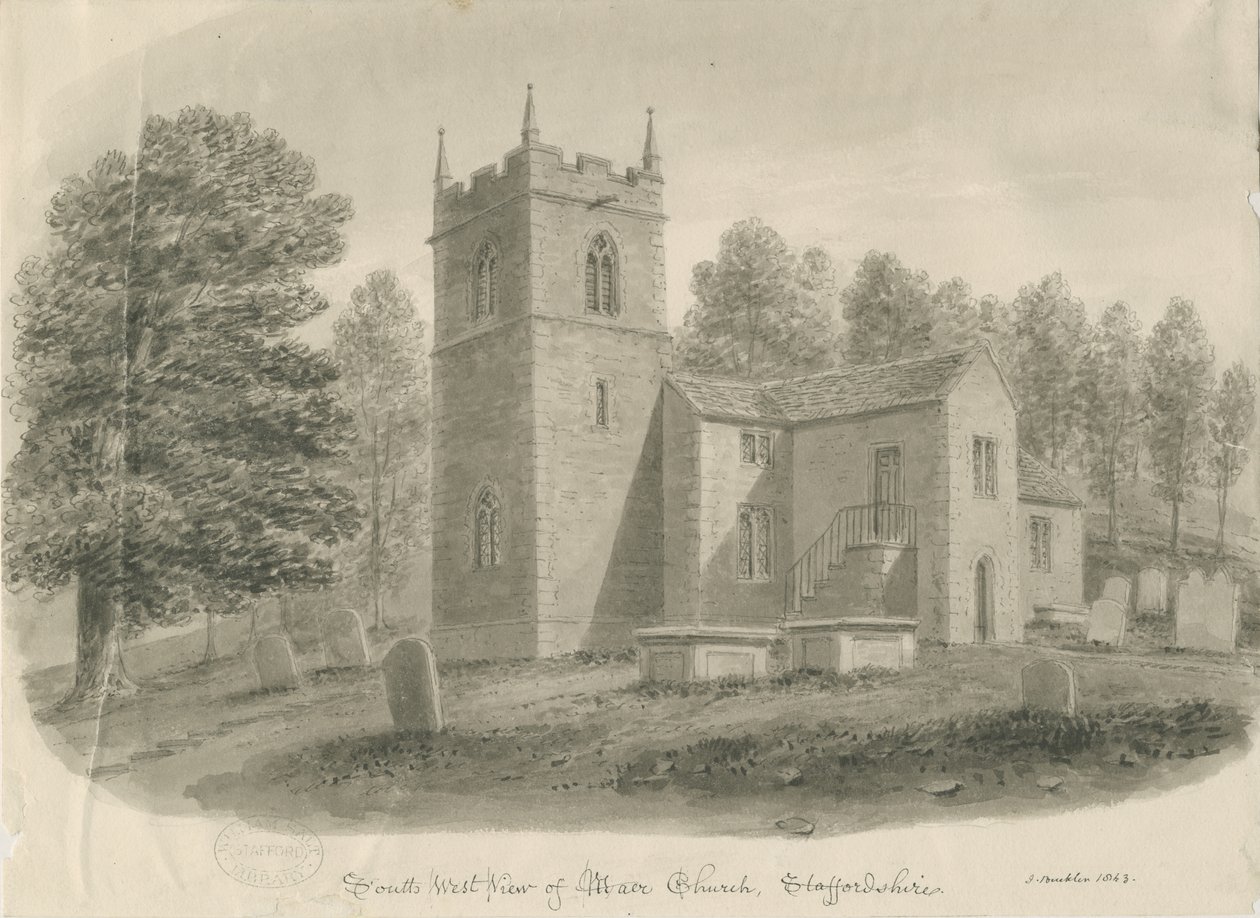 Église de Maer: dessin lavis sépia - John Buckler