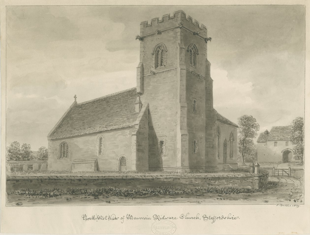Église de Mavesyn Ridware: dessin sépia, 1839 - John Buckler