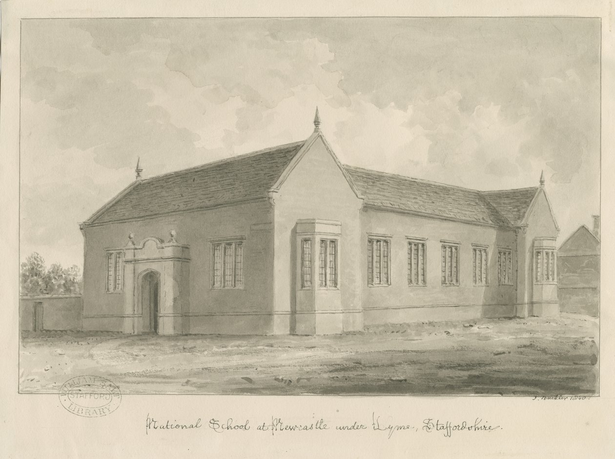 Newcastle-under-Lyme - École nationale : dessin au lavis sépia - John Buckler
