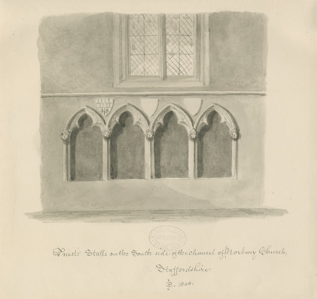 Église de Norbury - Stalles des prêtres : dessin au lavis sépia, 1843 - John Buckler