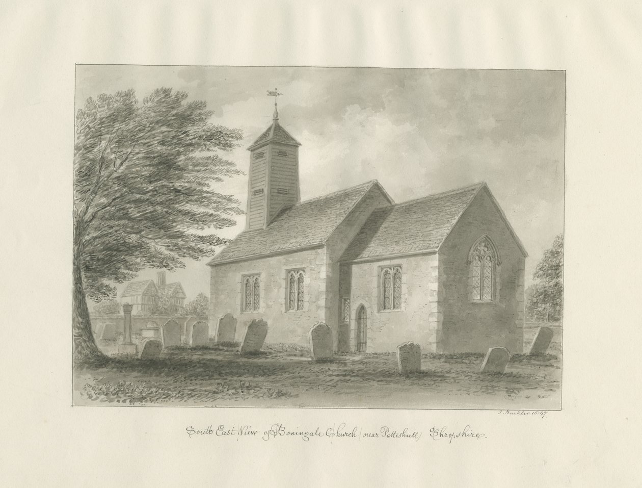 Patshull - Église de Boningale : dessin au lavis sépia - John Buckler