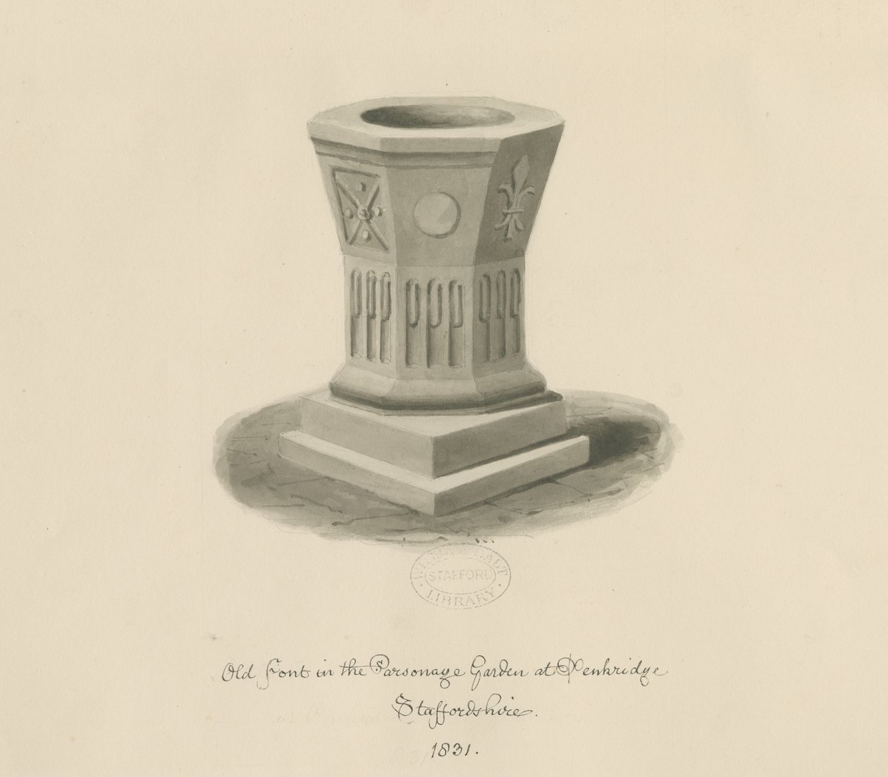 Penkridge - Fonts baptismaux dans le jardin du presbytère : dessin sépia - John Buckler
