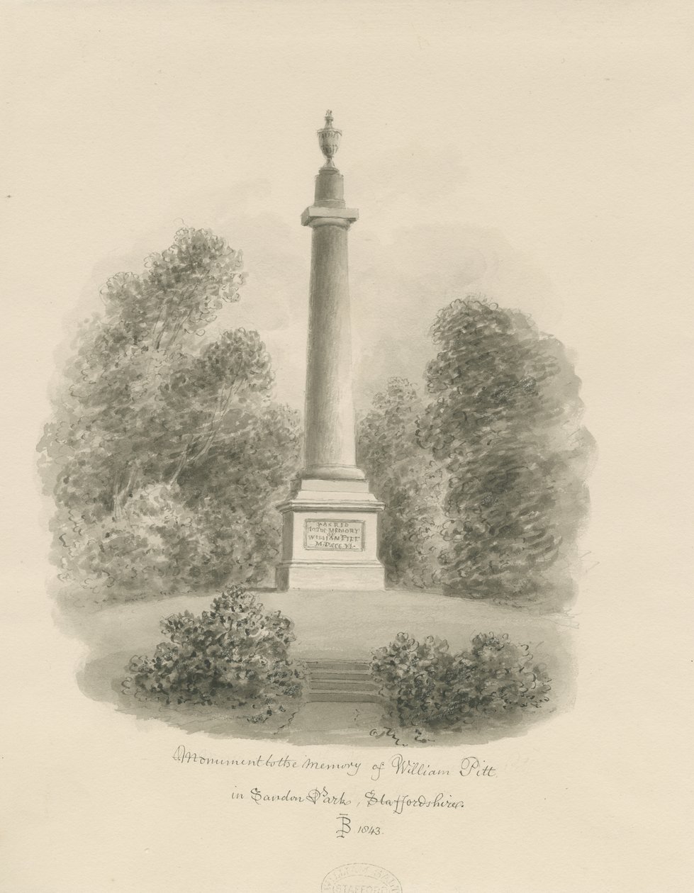 Sandon - Monument à William Pitt : dessin au lavis sépia - John Buckler