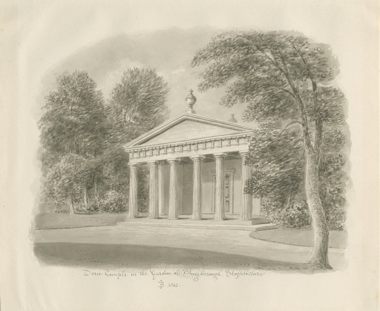 Shugborough - Temple dorique : dessin sépia, 1842 - John Buckler