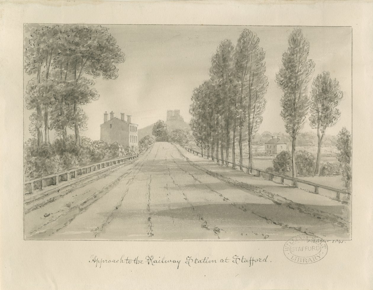 Stafford - Approche de la gare : dessin sépia - John Buckler