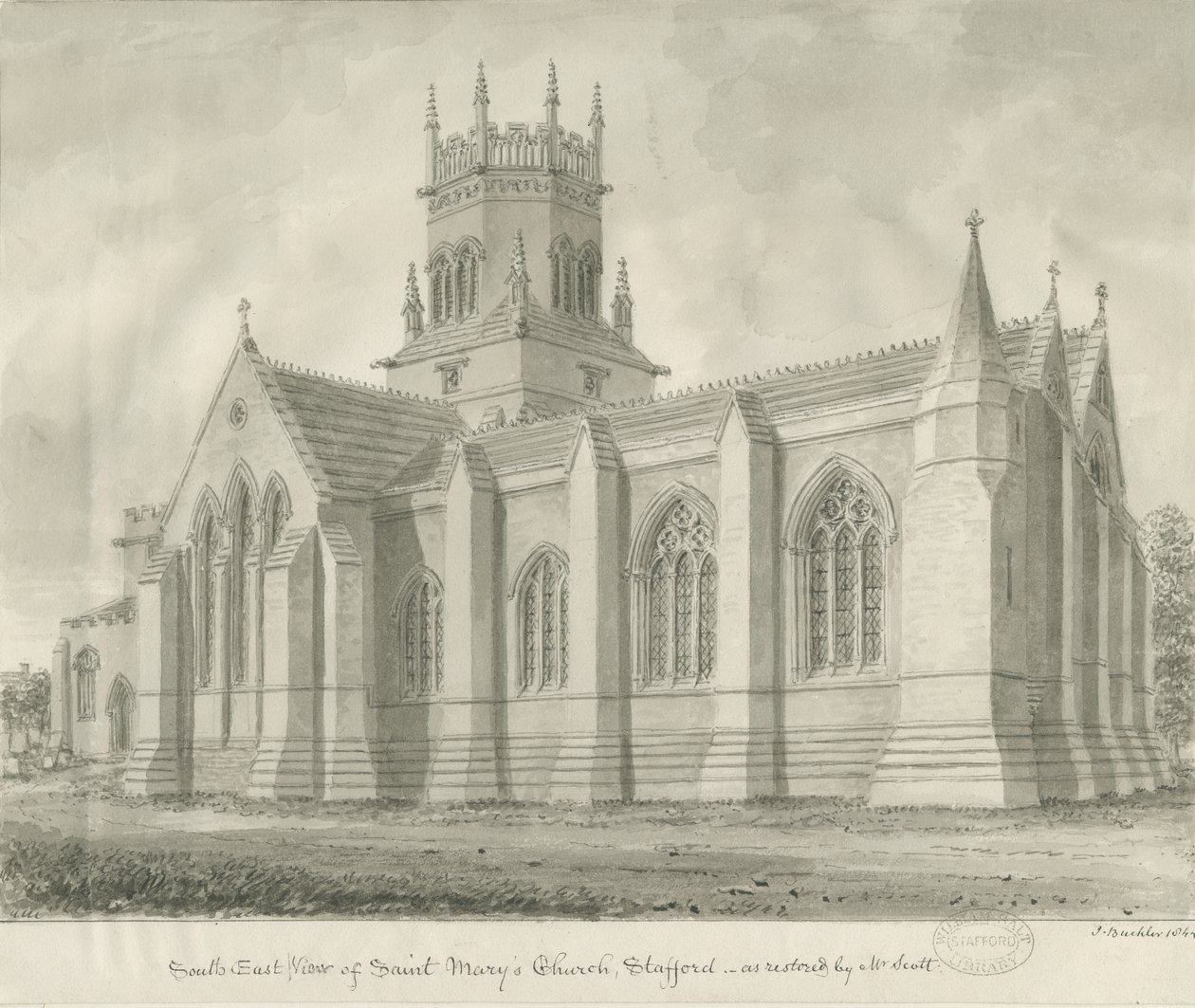 Stafford - Église Sainte-Marie : dessin sépia - John Buckler