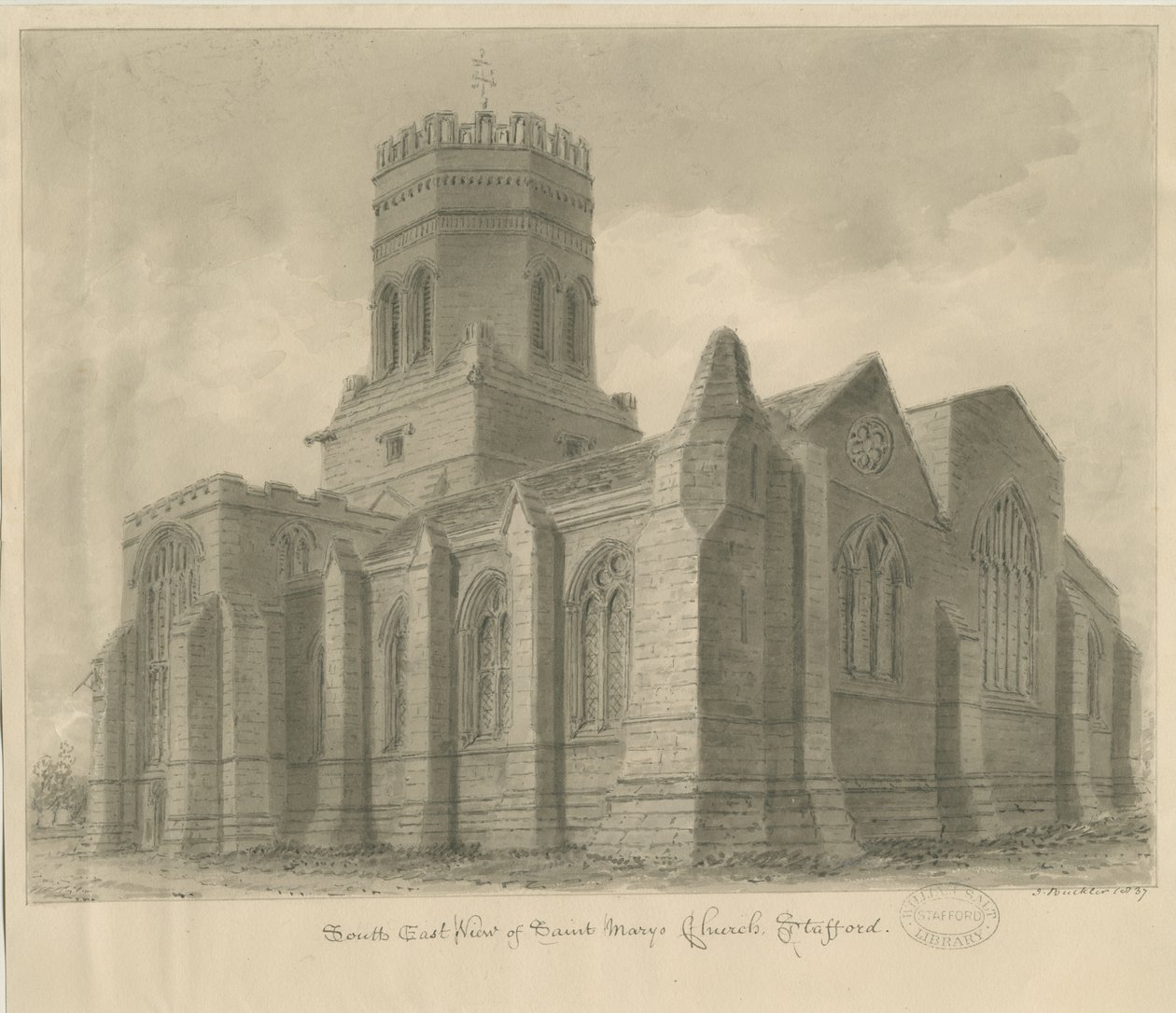 Stafford - Église St. Mary : dessin sépia, 1837 - John Buckler