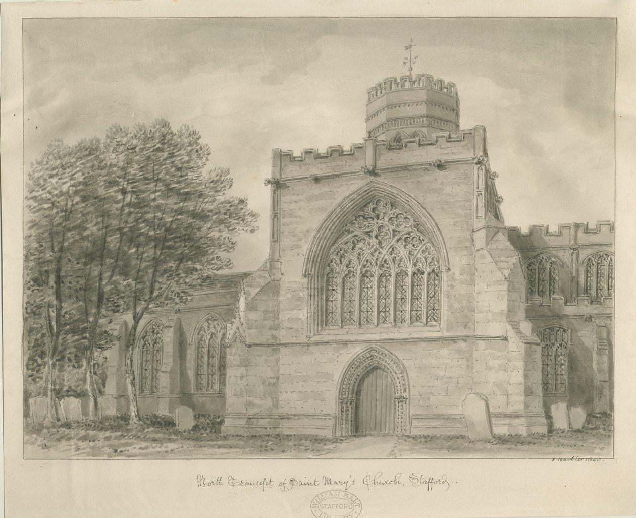 Stafford - Église St. Mary: dessin sépia, 1840 - John Buckler