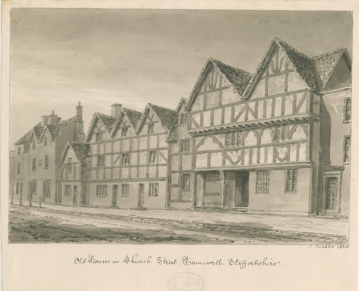 Tamworth - Vieilles maisons dans Church Street : dessin au lavis sépia, 1838 - John Buckler