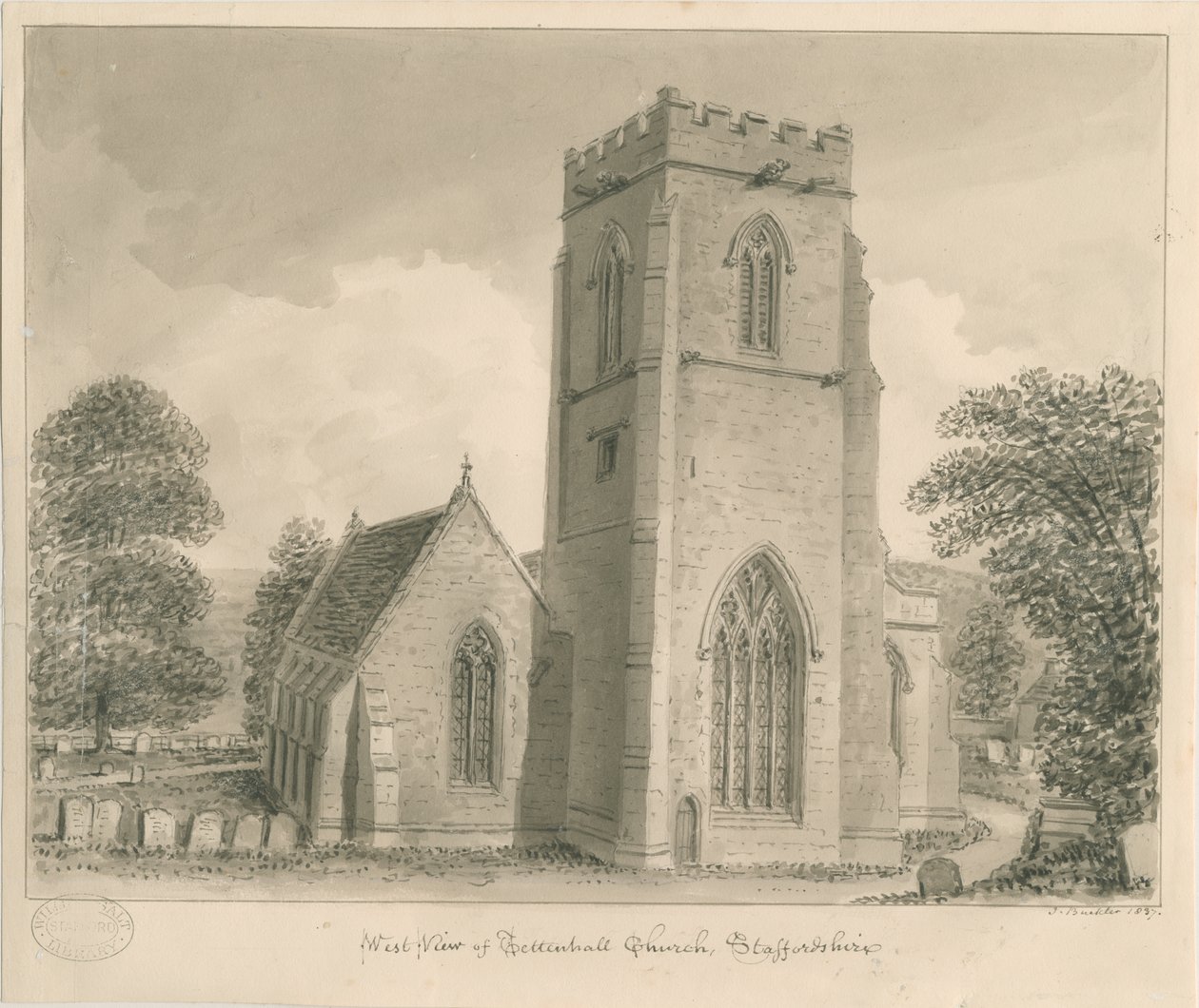 Église de Tettenhall : dessin au lavis sépia, 1837 - John Buckler