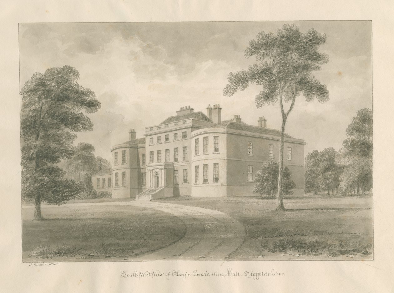 Thorpe Constantine Hall (dessin au lavis sépia, 1848) - John Buckler