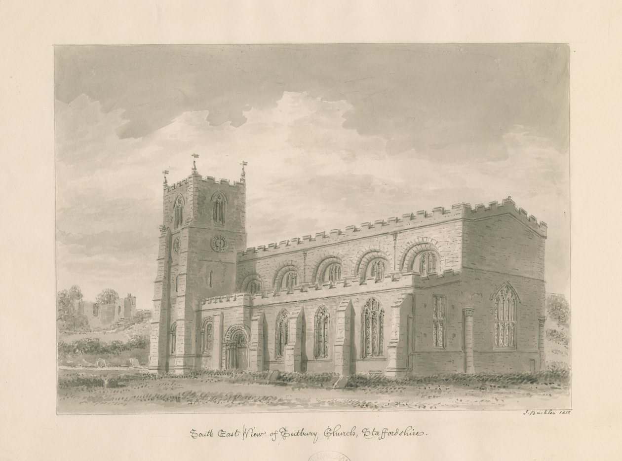 Église prieurale de Tutbury : dessin au lavis sépia, 1812 - John Buckler