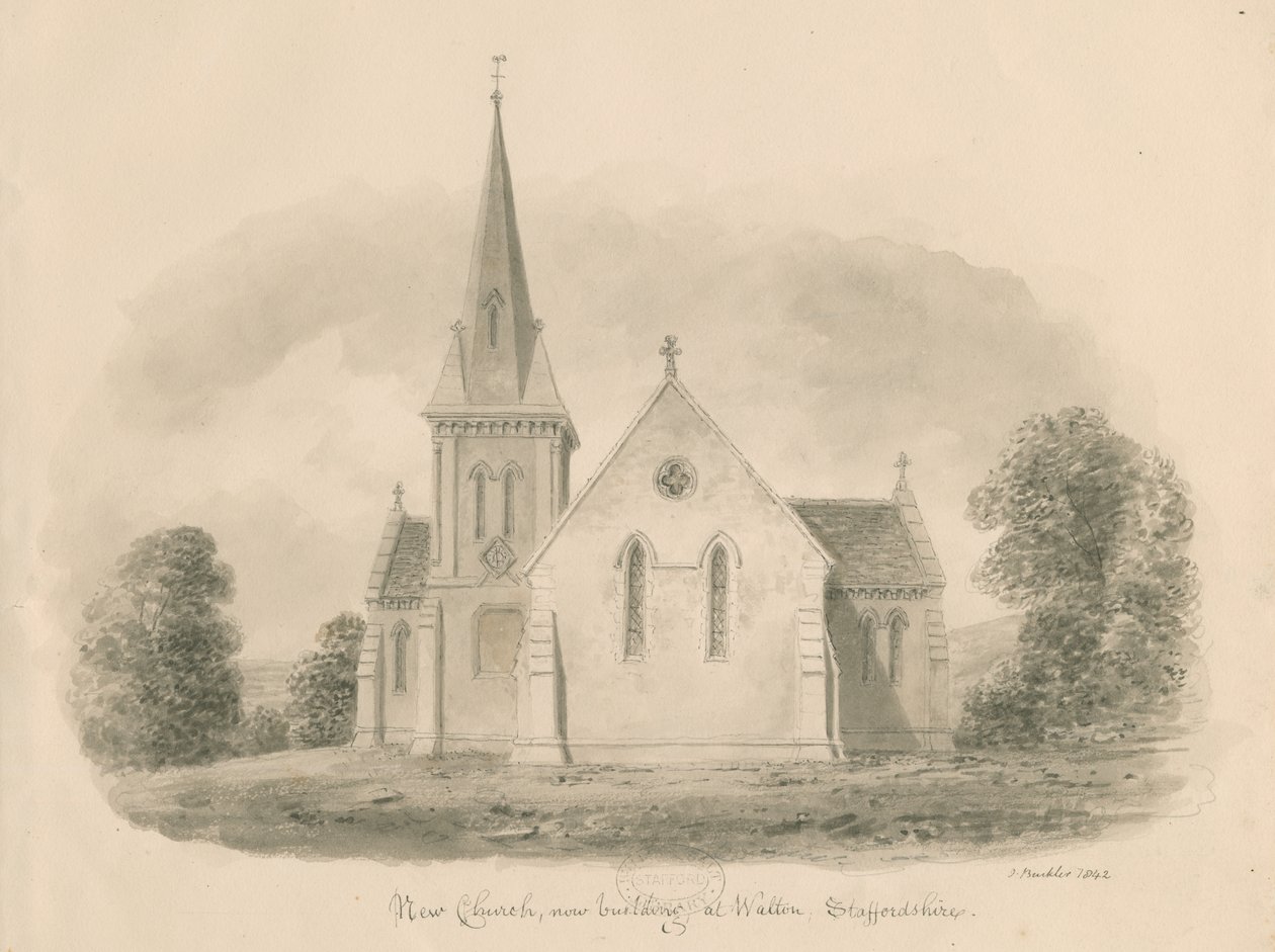 Église de Walton-on-the-Hill : dessin sépia, 1842 - John Buckler