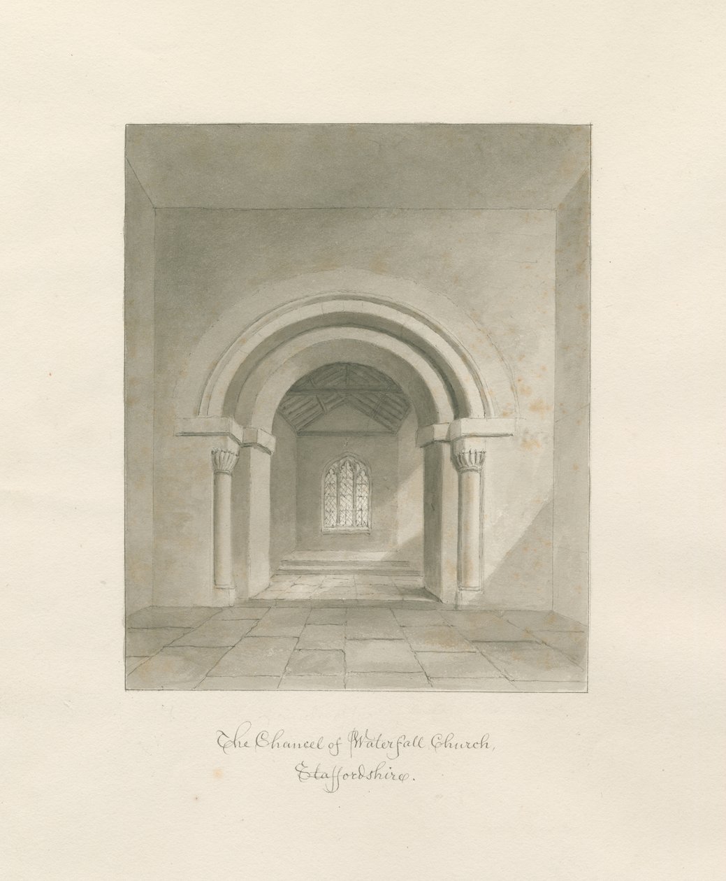 Église de Waterfall - Intérieur du chœur : dessin sépia, 1847 - John Buckler