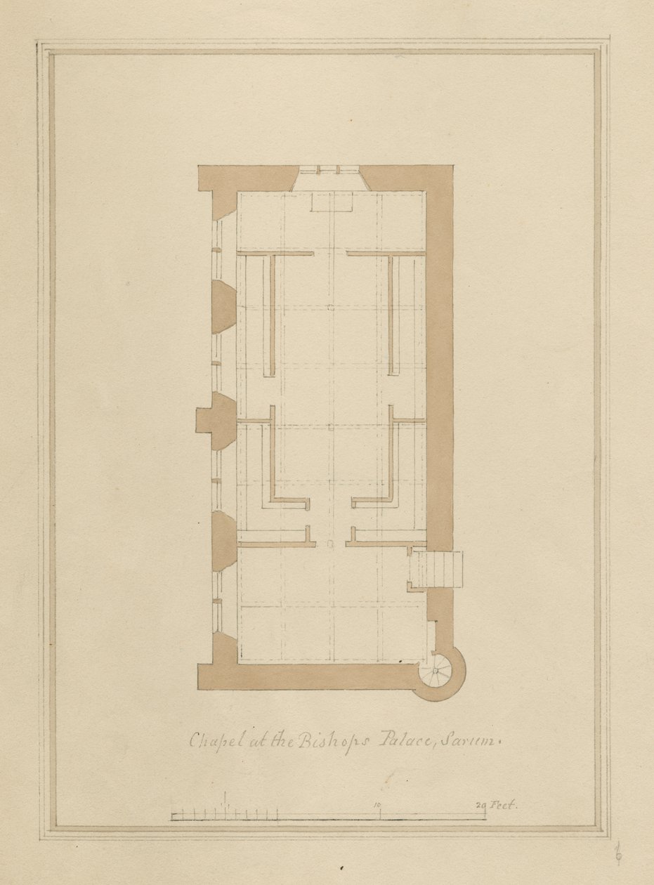 Wiltshire - Sarum - Plan du palais épiscopal : dessin sépia coloré - John Buckler