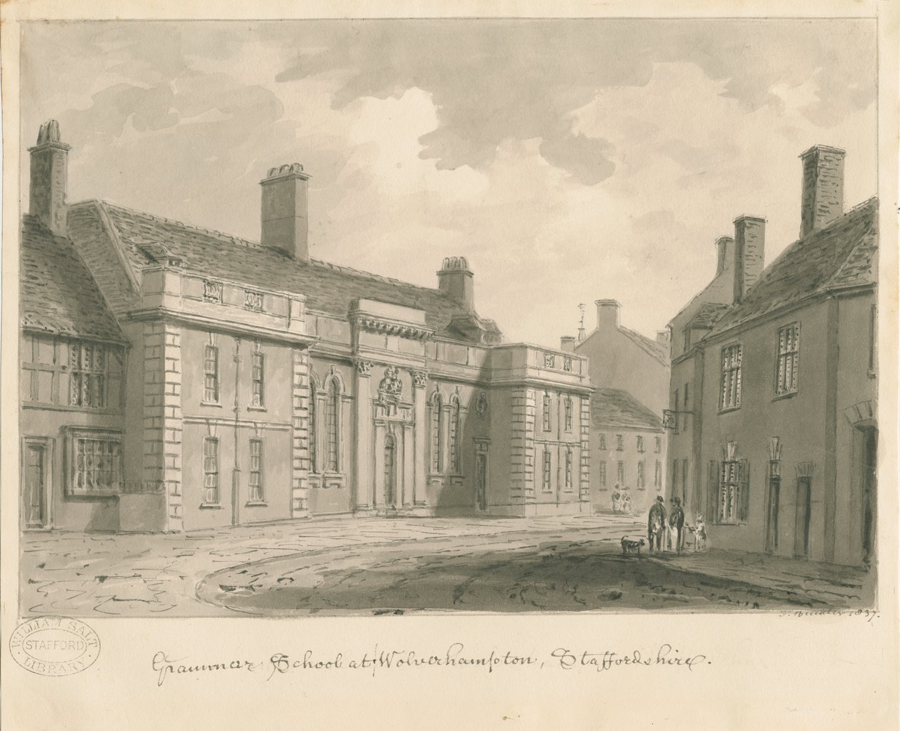 Wolverhampton - École de grammaire : dessin sépia, 1837 - John Buckler
