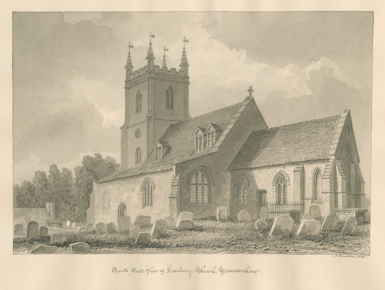 Worcestershire - Église de Hanbury : dessin sépia, 1833 - John Buckler