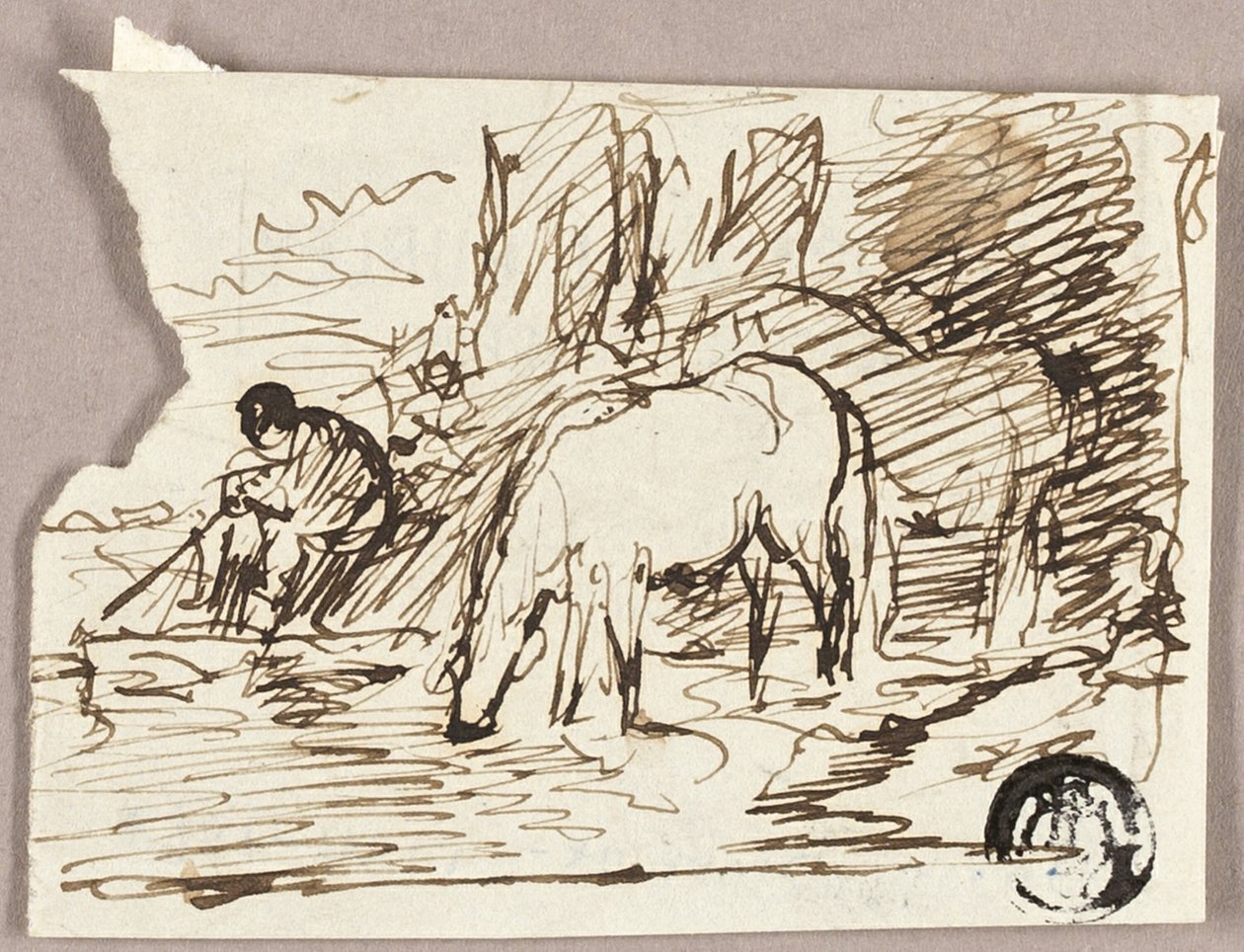 Esquisse de chevaux abreuvant et pêcheur - John Burnet