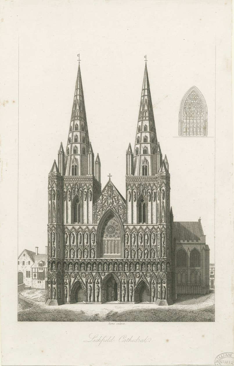 Cathédrale de Lichfield - Façade ouest : gravure, début 19e siècle - John Byrne