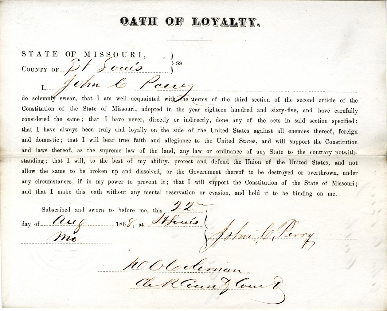 Serment de loyauté de John C. Perry du Missouri, Comté de St. Louis - John C. Perry