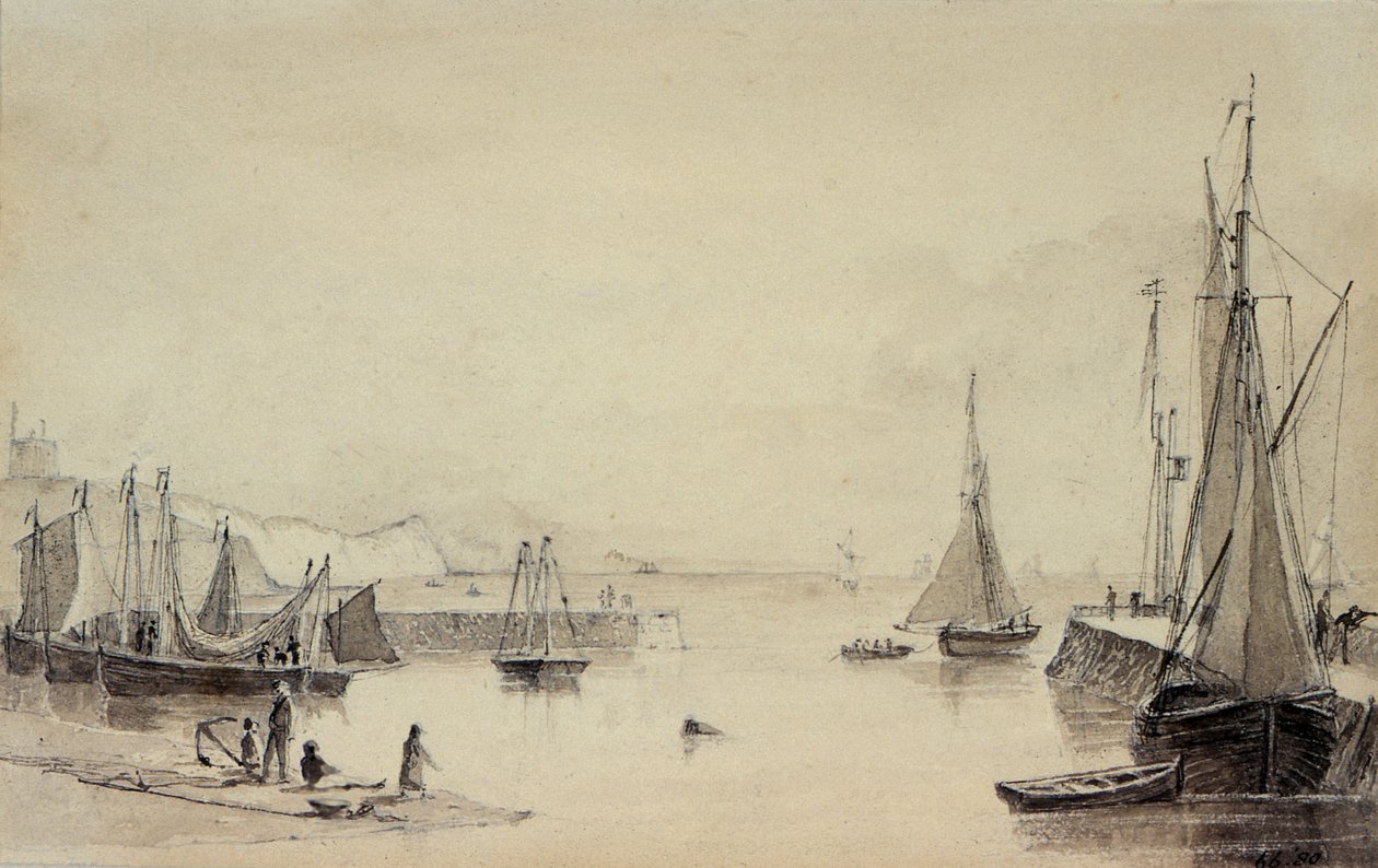 Port de Folkestone avec navires, falaise de Shakespeare au loin - John Carpenter