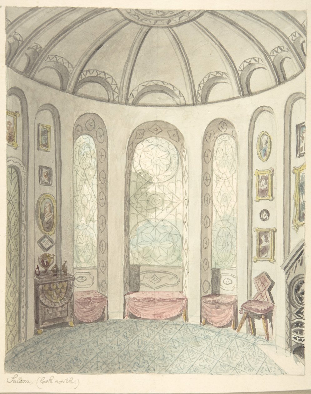Château de Lea, Worcestershire, salon, vue vers le nord, vers 1816 - John Carter.