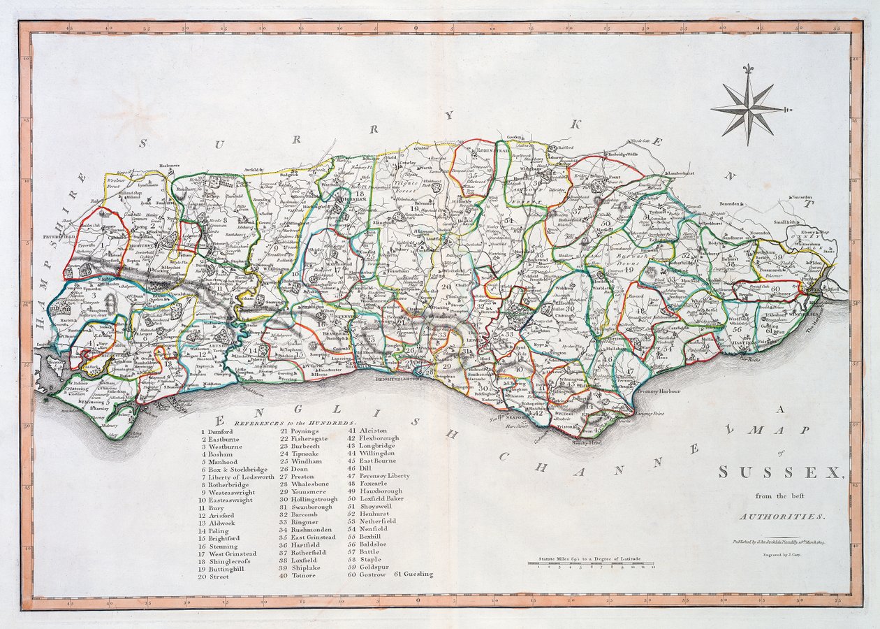 Carte du Sussex, 26 mars 1805 (gravure en couleur) - John Cary