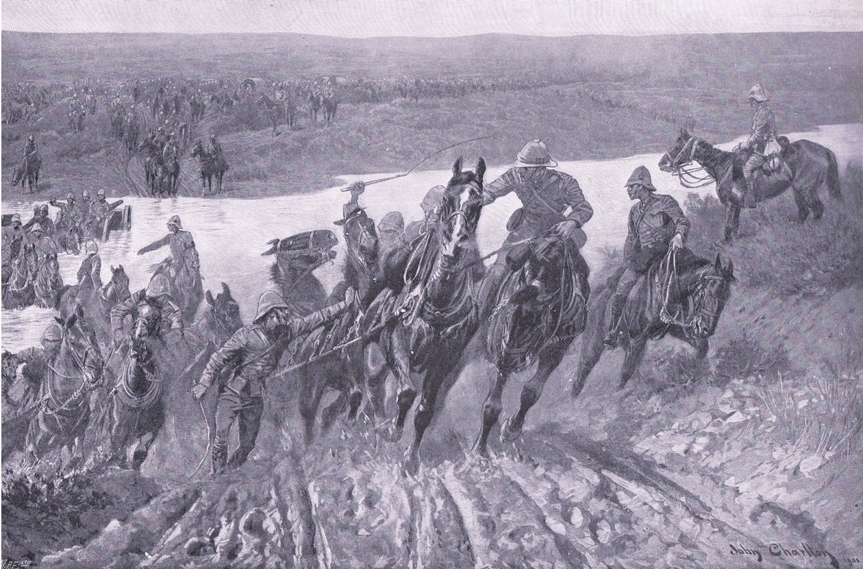 Artillerie traversant le Caledon à Karreepoort Drift, illustration de Après Pretoria : La Guerre de guérilla - John Charlton